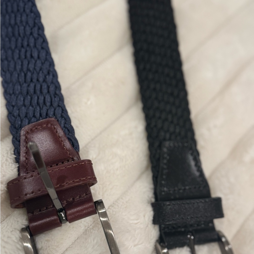 J&M Belt Cotton Rope Braided Leather Trim Blue & Black Mens 44 Set of Two